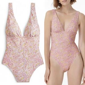 J. Crew Eco Plunge V-Neck One Piece Swimsuit Pink Beach Paisley Size 6 Tie Back